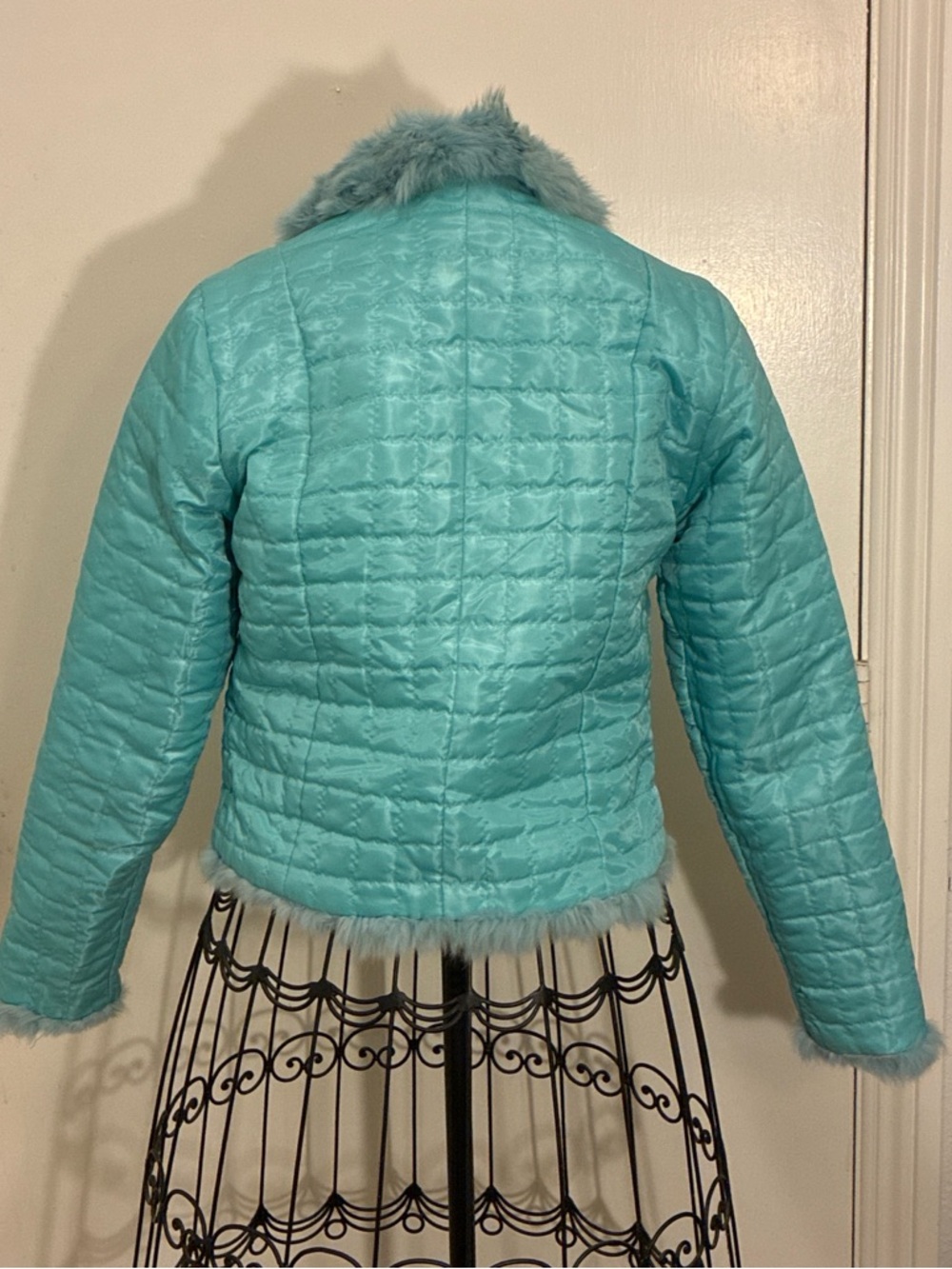 Fur Zip-Up Jacket in Light Teal Reversible - Picture 7 of 8